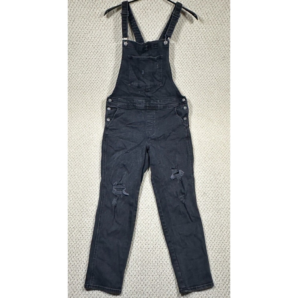 Old Navy Overalls Womens 14 Black Jack Wash Distressed Denim Stretch Taper Bibs
